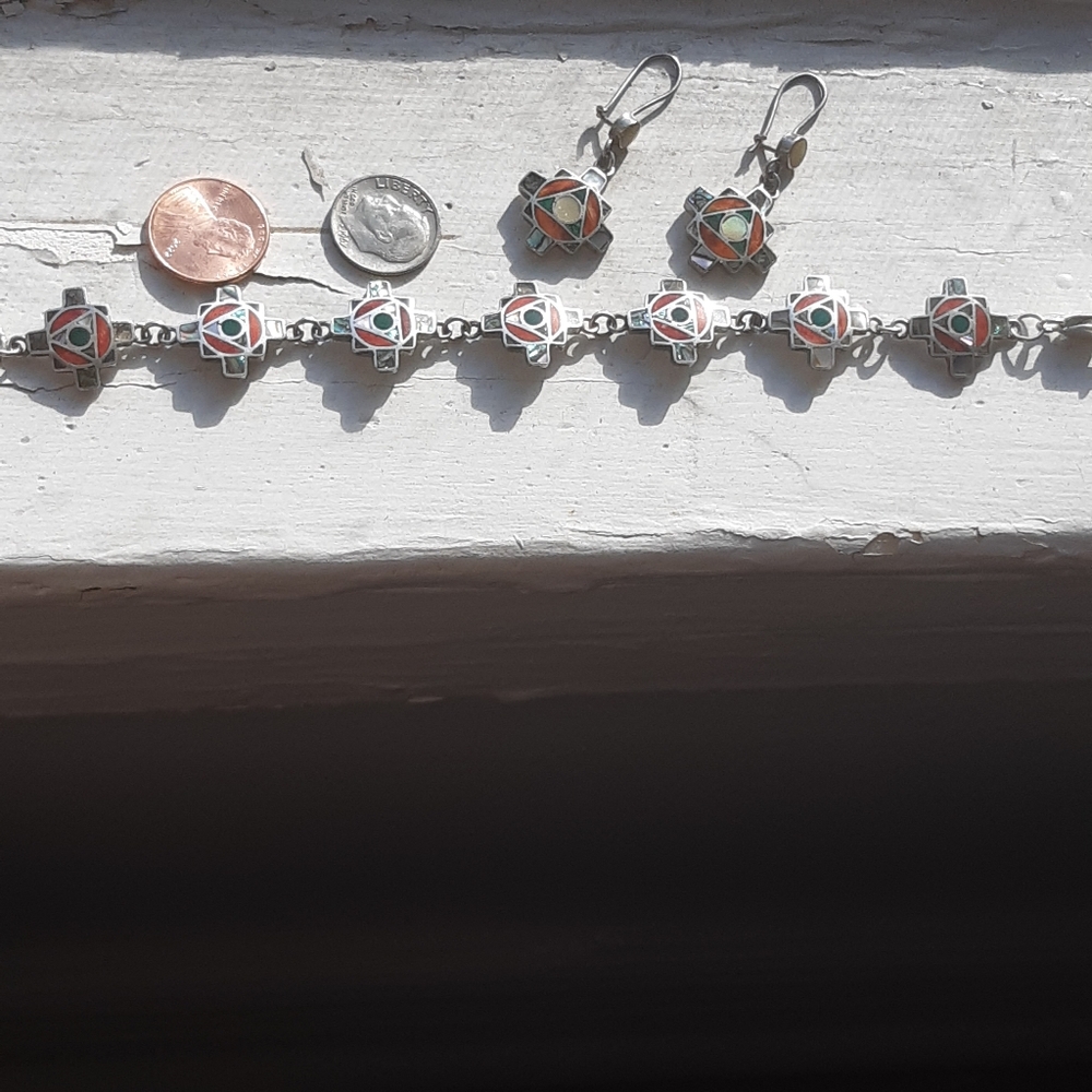 Inca Cross Peruvian Solid Silver 95.0 Bracelet and Earrings Set